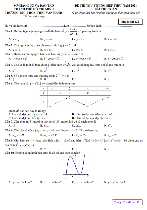 đề thi thử tốt nghiệp thpt 2021 môn toán trường vạn hạnh – tp hồ chí minh