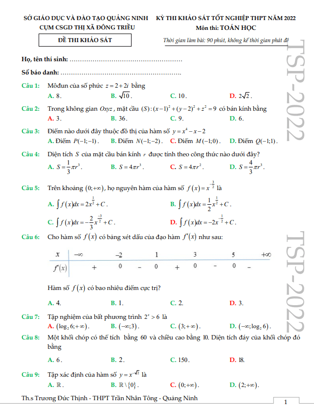 đề thi thử tốt nghiệp thpt 2022 môn toán cụm csgd đông triều – quảng ninh