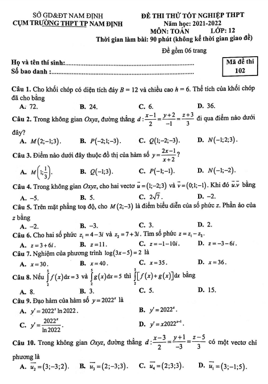 đề thi thử tốt nghiệp thpt 2022 môn toán cụm trường thpt tp nam định