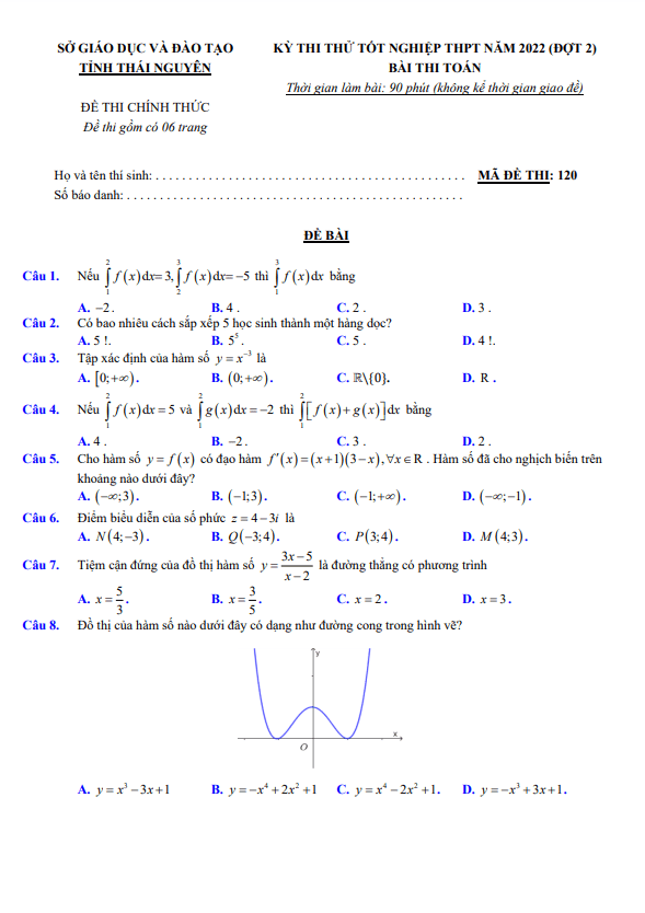 đề thi thử tốt nghiệp thpt 2022 môn toán đợt 2 sở gd&đt thái nguyên