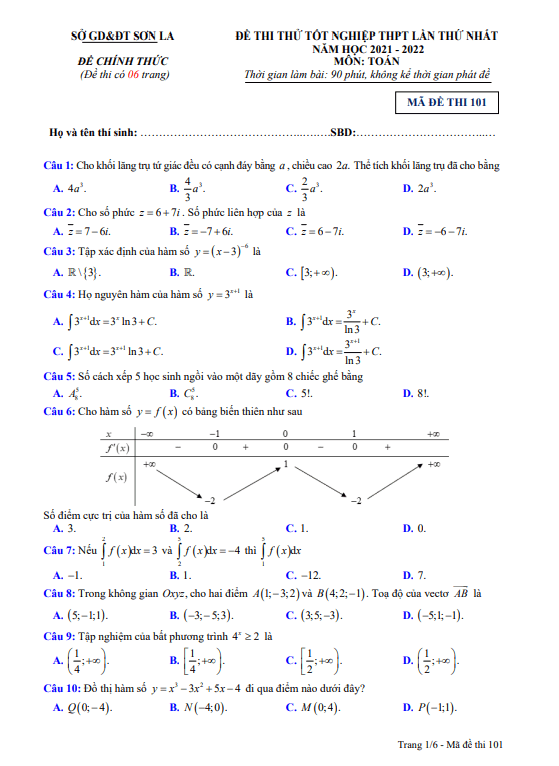 đề thi thử tốt nghiệp thpt 2022 môn toán lần 1 sở gd&đt sơn la
