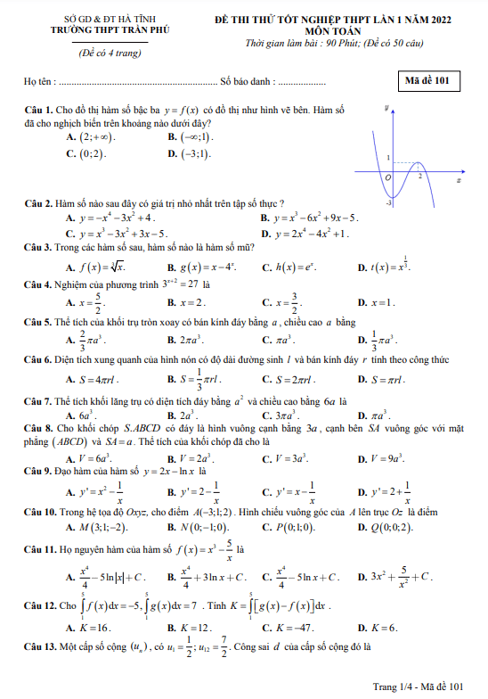 đề thi thử tốt nghiệp thpt 2022 môn toán lần 1 trường thpt trần phú – hà tĩnh