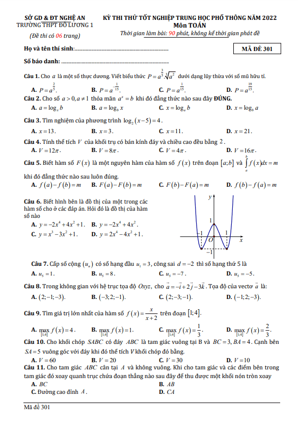 đề thi thử tốt nghiệp thpt 2022 môn toán trường thpt đô lương 1 – nghệ an