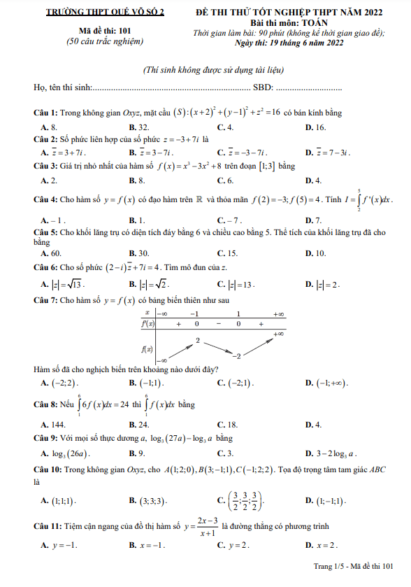 đề thi thử tốt nghiệp thpt 2022 môn toán trường thpt quế võ 2 – bắc ninh
