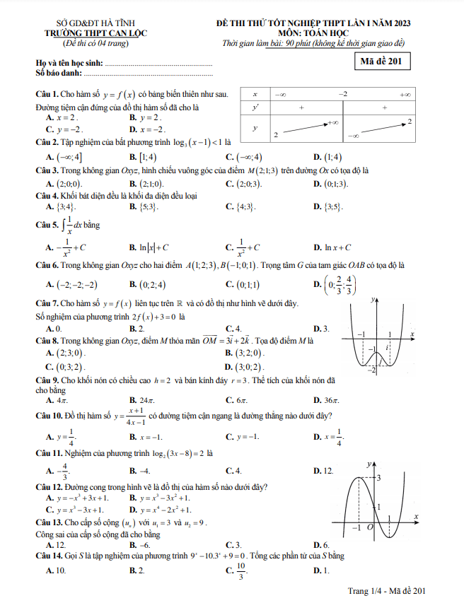 đề thi thử tốt nghiệp thpt 2023 môn toán lần 1 trường thpt can lộc – hà tĩnh