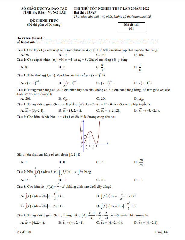 đề thi thử tốt nghiệp thpt 2023 môn toán lần 2 sở gd&đt bà rịa – vũng tàu