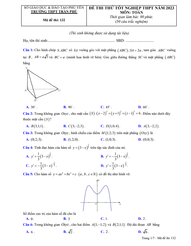 đề thi thử tốt nghiệp thpt 2023 môn toán trường thpt trần phú – phú yên