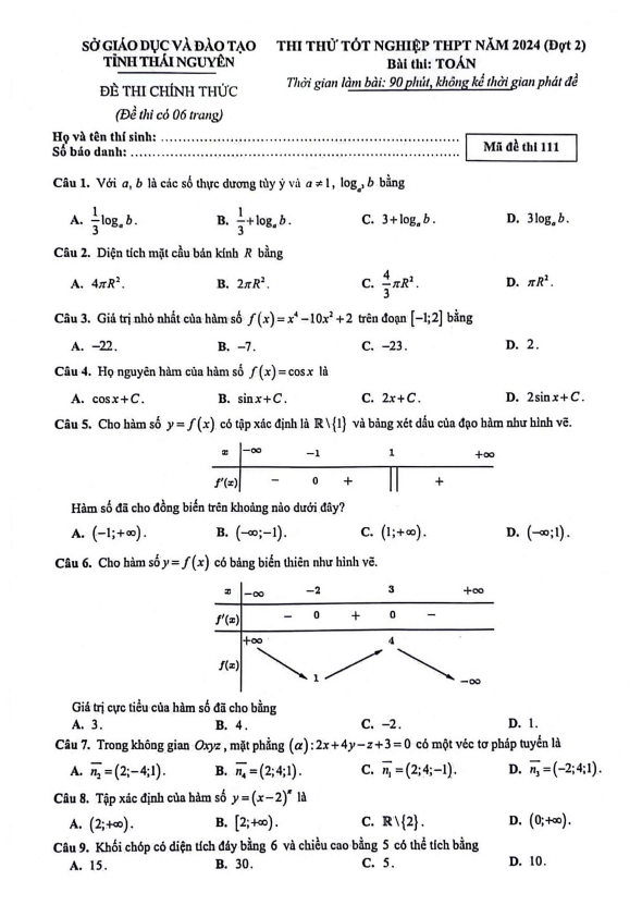 đề thi thử tốt nghiệp thpt 2024 môn toán đợt 2 sở gd&đt thái nguyên