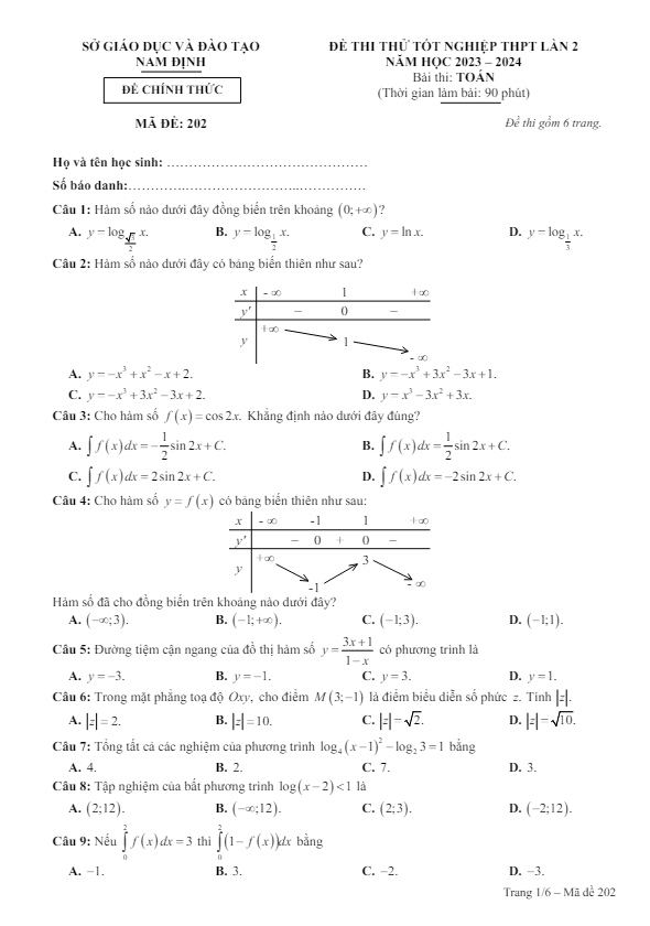 đề thi thử tốt nghiệp thpt 2024 môn toán lần 2 sở gd&đt nam định