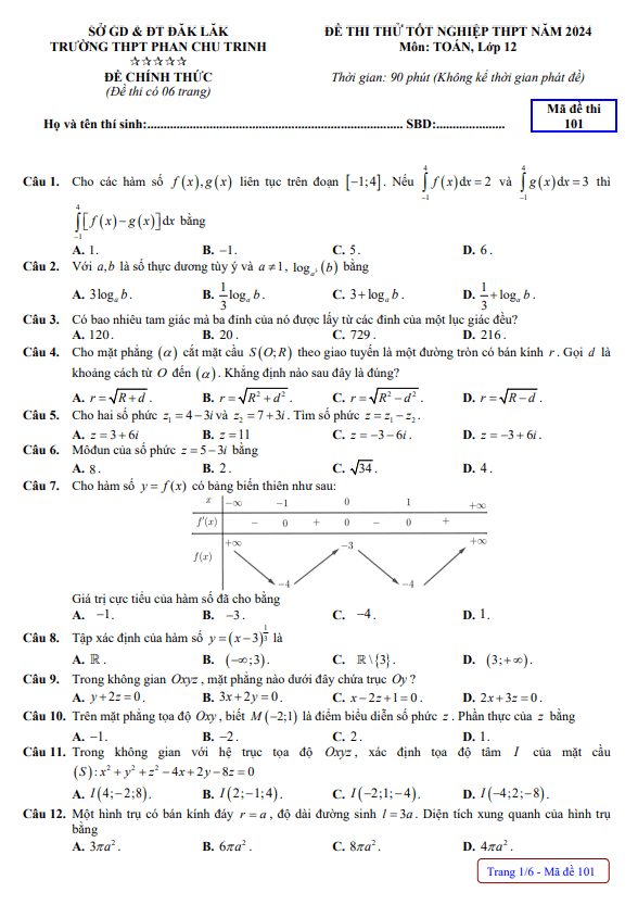 đề thi thử tốt nghiệp thpt 2024 môn toán trường thpt phan chu trinh – đắk lắk