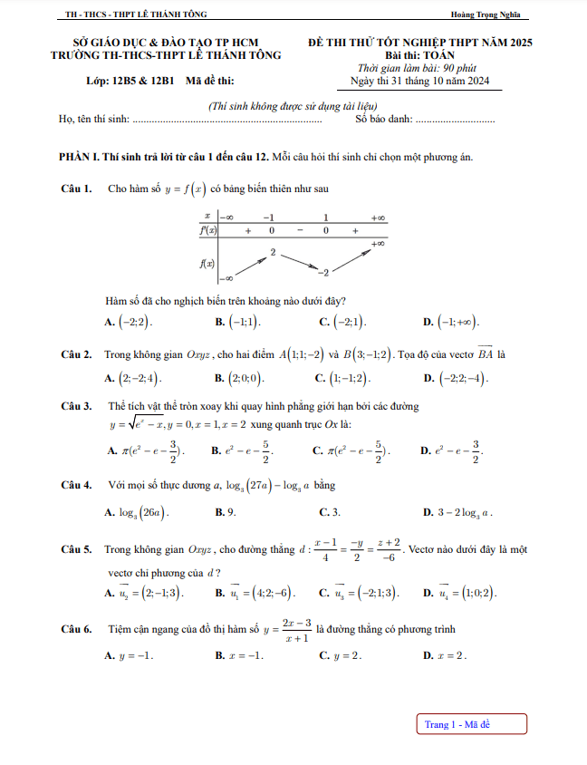 đề thi thử tốt nghiệp thpt 2025 môn toán trường lê thánh tông – tp hcm