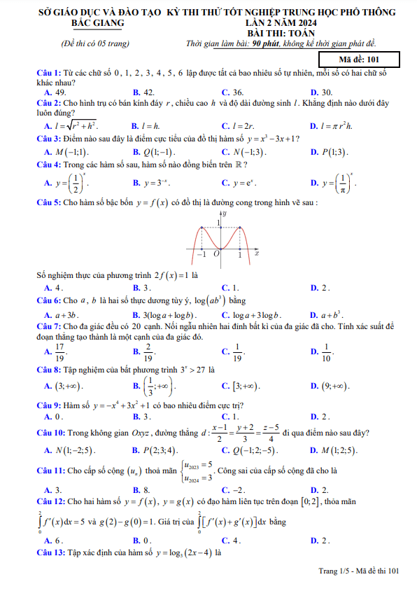 đề thi thử tốt nghiệp thpt lần 2 năm 2024 môn toán sở gd&đt bắc giang