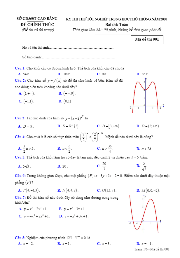 đề thi thử tốt nghiệp thpt năm 2020 môn toán sở gd&đt cao bằng