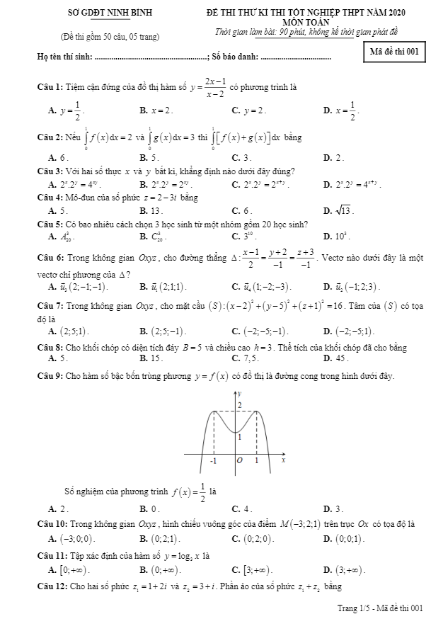 đề thi thử tốt nghiệp thpt năm 2020 môn toán sở gd&đt ninh bình