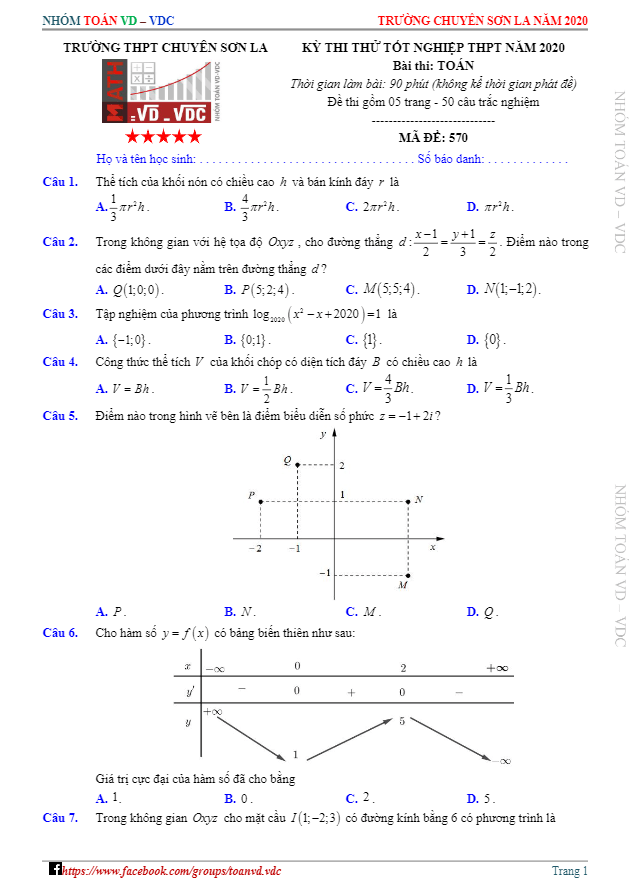 đề thi thử tốt nghiệp thpt năm 2020 môn toán trường thpt chuyên sơn la