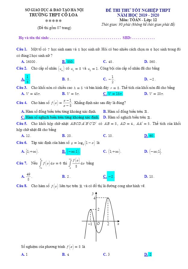 đề thi thử tốt nghiệp thpt năm 2020 môn toán trường thpt cổ loa – hà nội