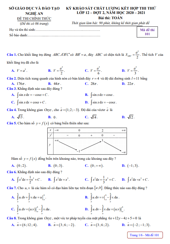 đề thi thử tốt nghiệp thpt năm 2021 môn toán đợt 2 sở gd&đt nghệ an