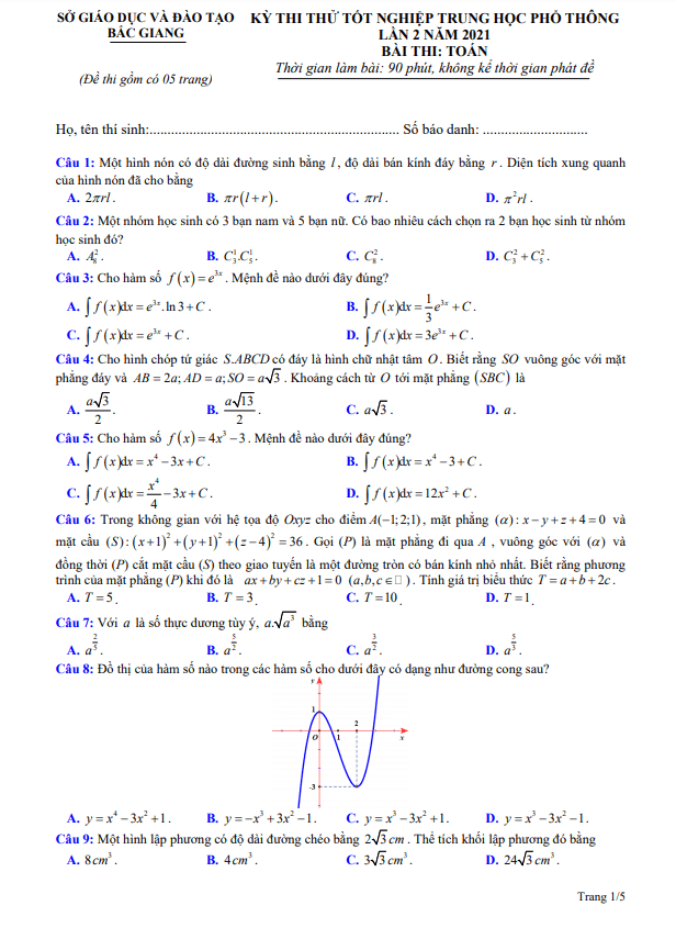 đề thi thử tốt nghiệp thpt năm 2021 môn toán lần 2 sở gd&đt bắc giang