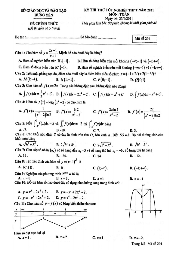đề thi thử tốt nghiệp thpt năm 2021 môn toán sở gd&đt hưng yên