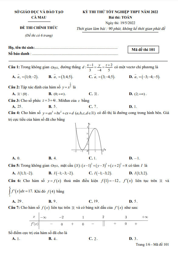 đề thi thử tốt nghiệp thpt năm 2022 môn toán sở gd&đt cà mau