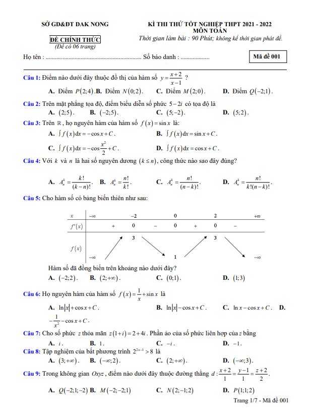 đề thi thử tốt nghiệp thpt năm 2022 môn toán sở gd&đt đắk nông