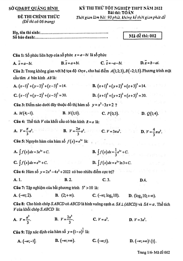đề thi thử tốt nghiệp thpt năm 2022 môn toán sở gd&đt quảng bình
