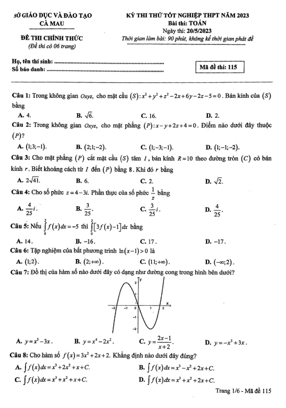 đề thi thử tốt nghiệp thpt năm 2023 môn toán sở gd&đt cà mau