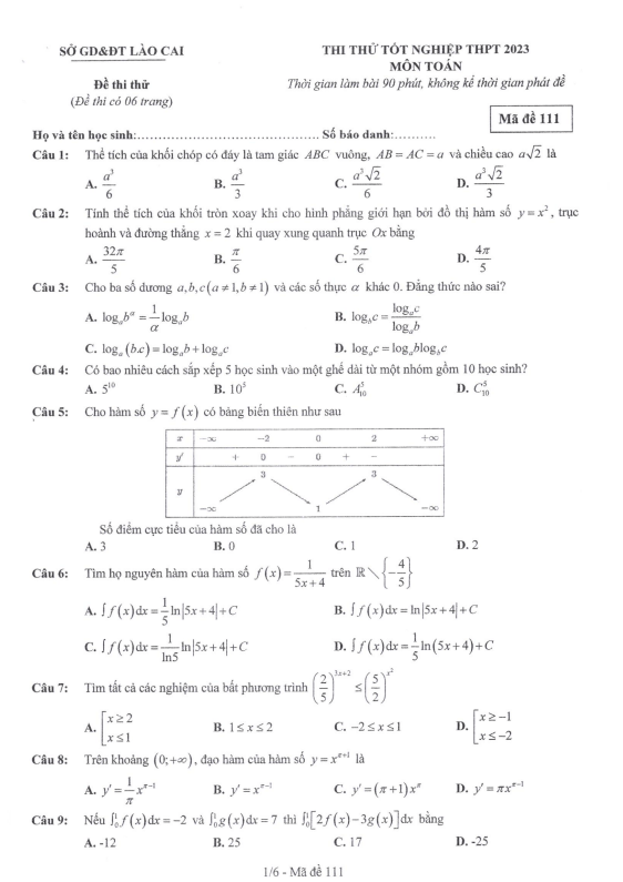 đề thi thử tốt nghiệp thpt năm 2023 môn toán sở gd&đt lào cai