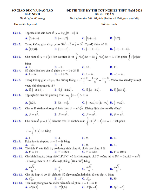 đề thi thử tốt nghiệp thpt năm 2024 môn toán sở gd&đt bắc ninh