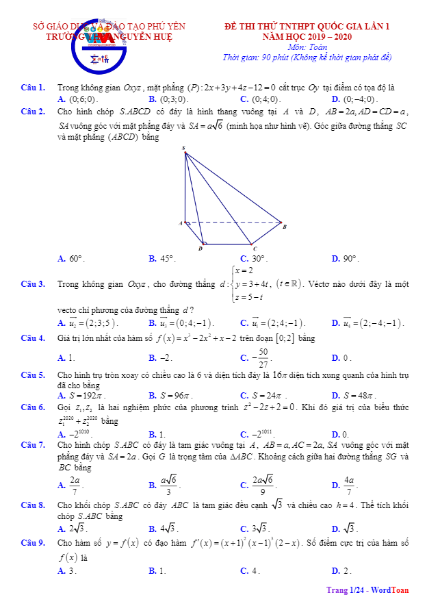 đề thi thử tốt nghiệp thpt qg 2020 lần 1 môn toán trường thpt nguyễn huệ – phú yên
