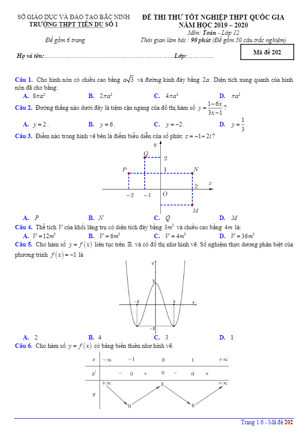 đề thi thử tốt nghiệp thpt qg 2020 môn toán trường thpt tiên du 1 – bắc ninh