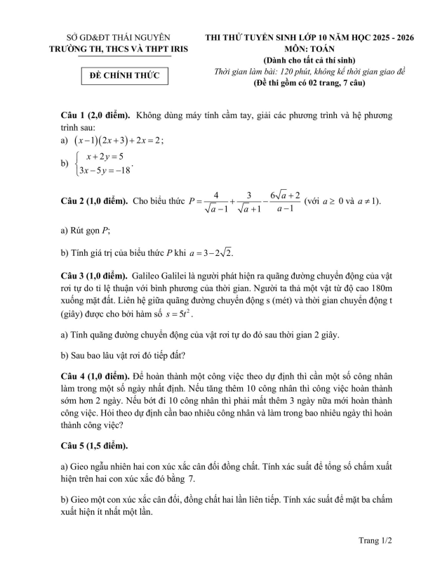 đề thi thử tuyển sinh lớp 10 môn toán năm 2025 – 2026 trường iris – thái nguyên