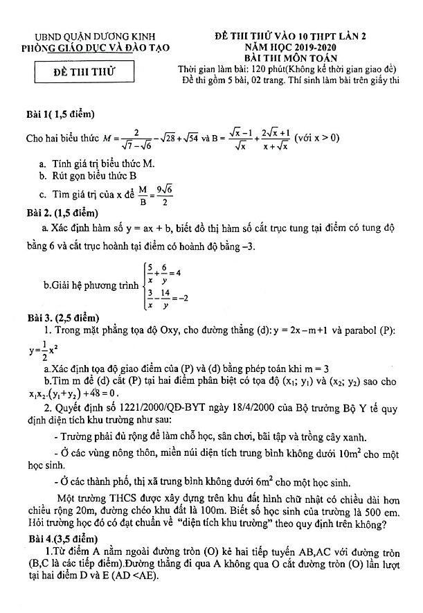 đề thi thử vào 10 lần 2 năm 2019 – 2020 môn toán phòng gd&đt dương kinh – hải phòng