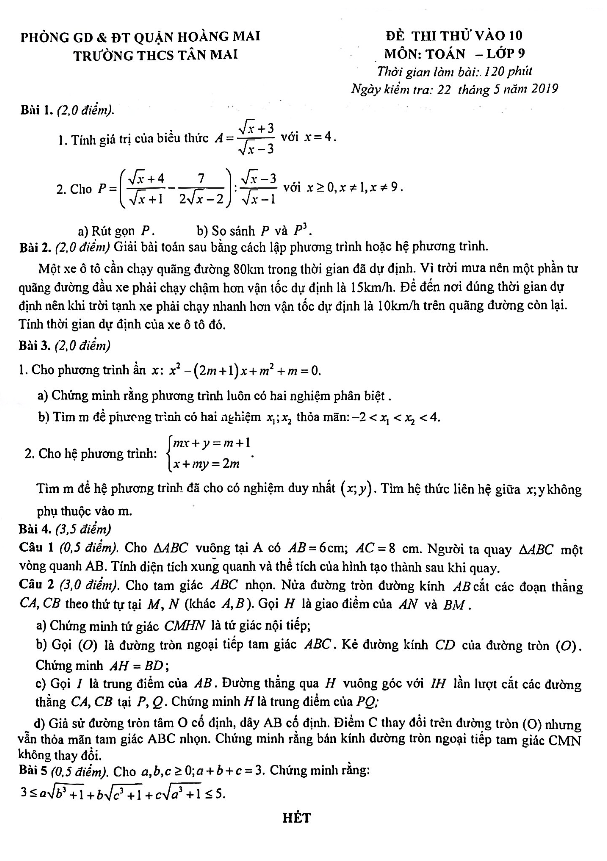 đề thi thử vào 10 môn toán năm 2019 trường thcs tân mai – hà nội