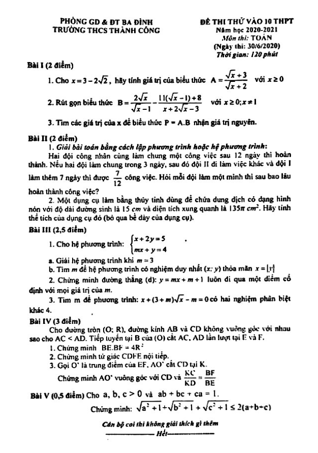 đề thi thử vào 10 môn toán năm 2020 – 2021 trường thcs thành công – hà nội