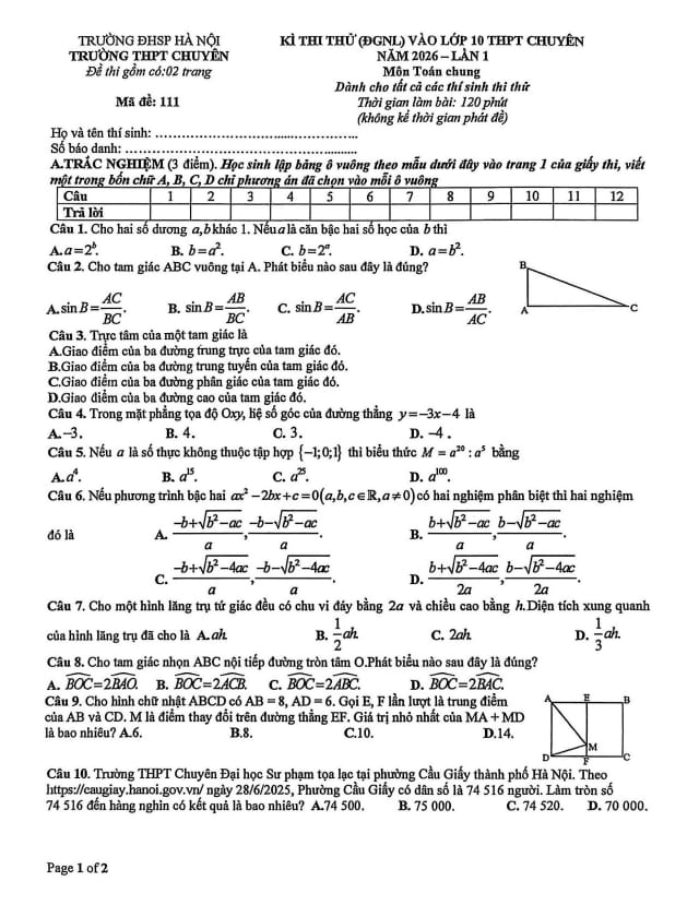 đề thi thử vào lớp 10 môn toán (chung) năm 2026 lần 1 trường chuyên đhsp hà nội