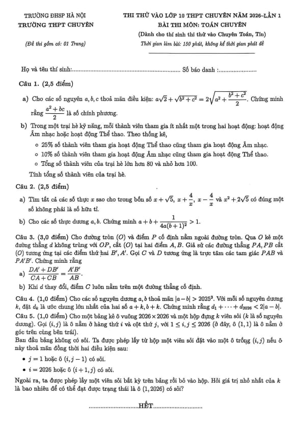 đề thi thử vào lớp 10 môn toán (chuyên) năm 2026 lần 1 trường chuyên đhsp hà nội