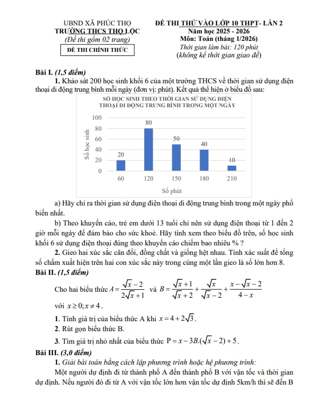 đề thi thử vào lớp 10 môn toán lần 2 năm 2026 trường thcs thọ lộc – hà nội