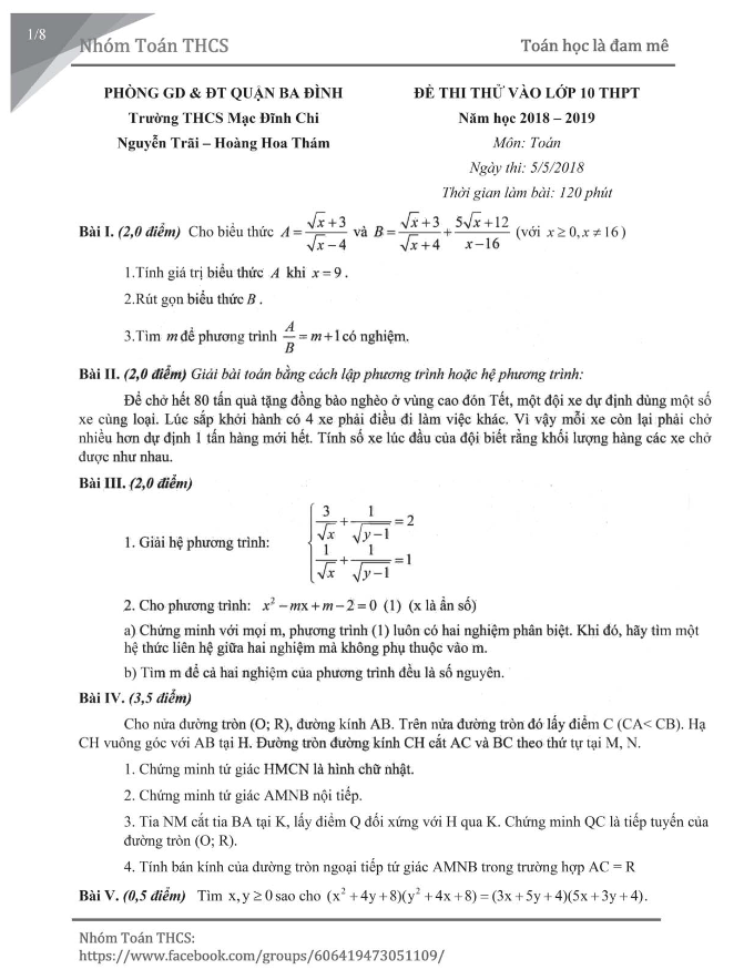 đề thi thử vào lớp 10 môn toán năm 2018 – 2019 trường thcs mạc đĩnh chi – hà nội