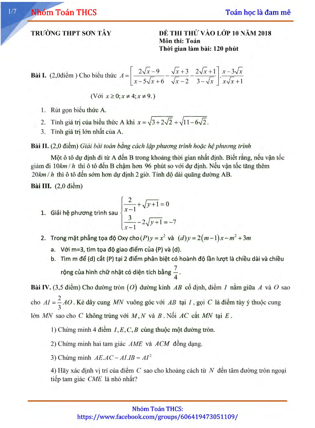 đề thi thử vào lớp 10 môn toán năm 2018 trường thpt sơn tây – hà nội