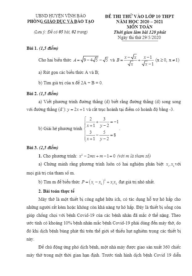 đề thi thử vào lớp 10 môn toán năm 2020 – 2021 phòng gd&đt vĩnh bảo – hải phòng