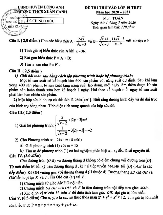 đề thi thử vào lớp 10 môn toán năm 2020 – 2021 trường thcs xuân canh – hà nội