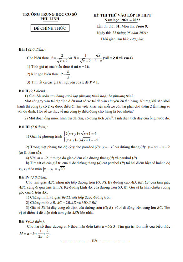đề thi thử vào lớp 10 môn toán năm 2021 – 2022 trường thcs phù linh – hà nội