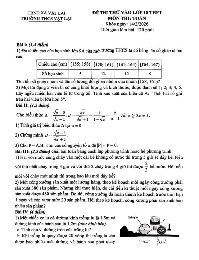 đề thi thử vào lớp 10 môn toán năm 2026 trường thcs vật lại – hà nội