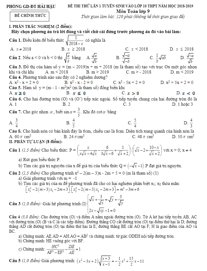 đề thi thử vào lớp 10 môn toán phòng gd và đt hải hậu – nam định lần 1