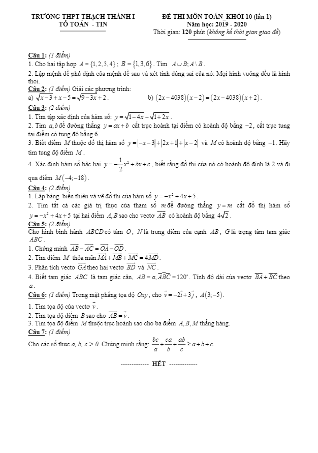 đề thi toán 10 lần 1 năm 2019 – 2020 trường thpt thạch thành 1 – thanh hóa