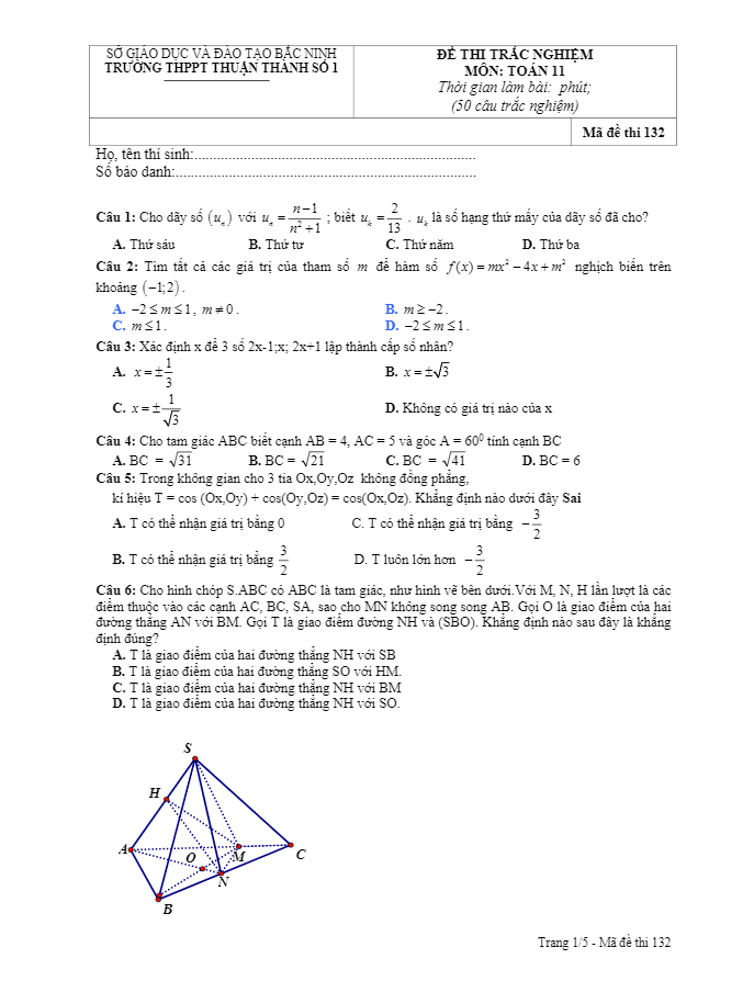 đề thi trắc nghiệm toán 11 trường thpt thuận thành 1 – bắc ninh