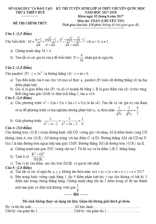 đề thi tuyển sinh lớp 10 năm học 2017 – 2018 môn toán trường thpt chuyên quốc học – tt huế (chuyên tin)