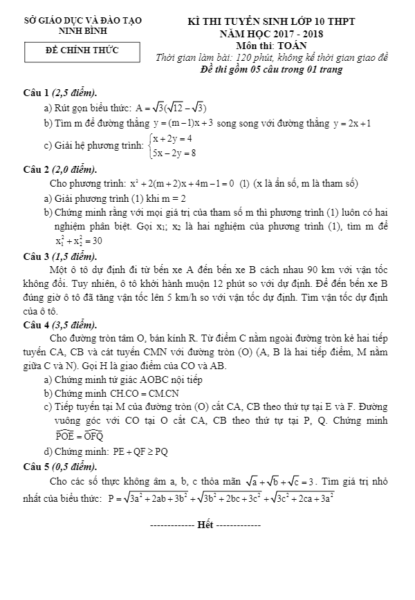 đề thi tuyển sinh lớp 10 thpt năm học 2017 – 2018 môn toán sở gd và đt ninh bình