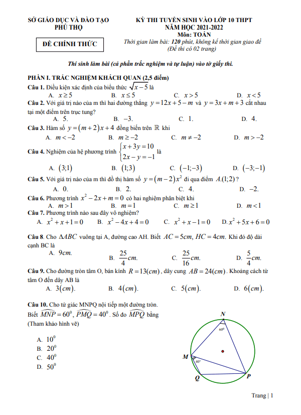 đề thi tuyển sinh vào lớp 10 môn toán năm 2021 – 2022 sở gd&đt phú thọ